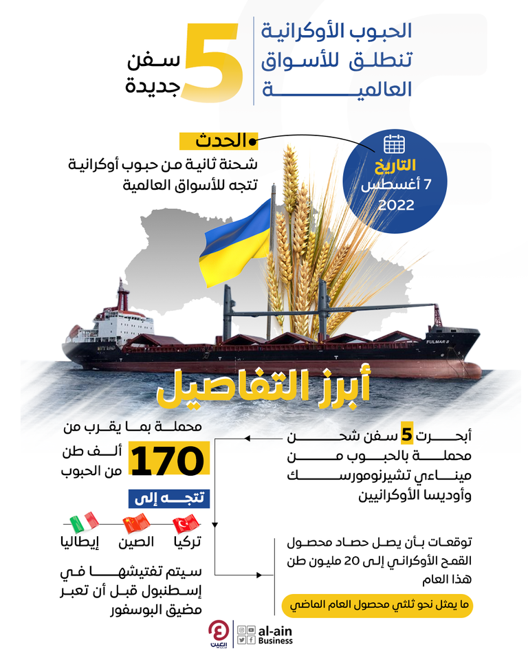 5 سفن جديدة محملة بالحبوب تنطلق من أوكرانيا