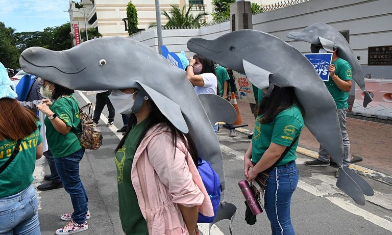 متظاهرون برؤوس دلافين في مانيلا- الفرنسية