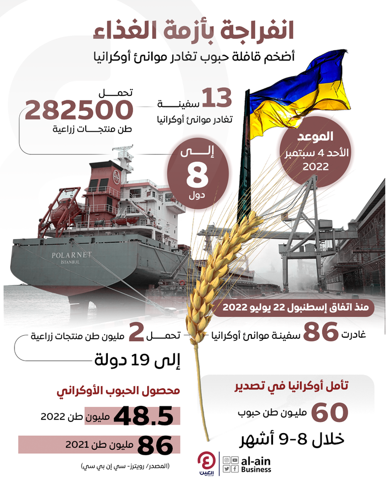 إنفوجراف.. أكبر قافلة حبوب تغادر موانئ أوكرانيا روسيا تعترض على وجهة سفن الحبوب الأوكرانيا.. وكييف ترد