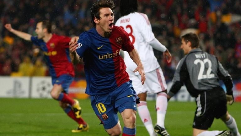 ميسي يحتفل في مباراة برشلونة ضد بايرن ميونخ بدوري أبطال أوروبا 2009