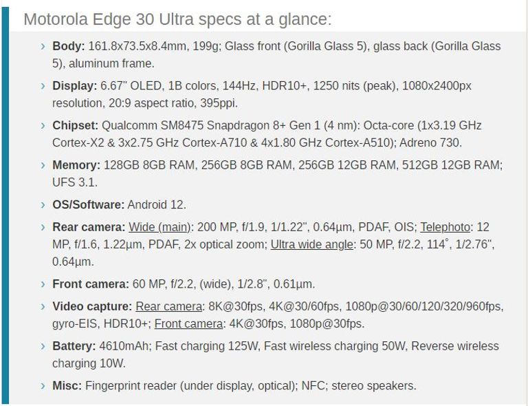 مواصفات هاتف موتورولا إدج 30 الترا (Motorola Edge 30 Ultra)