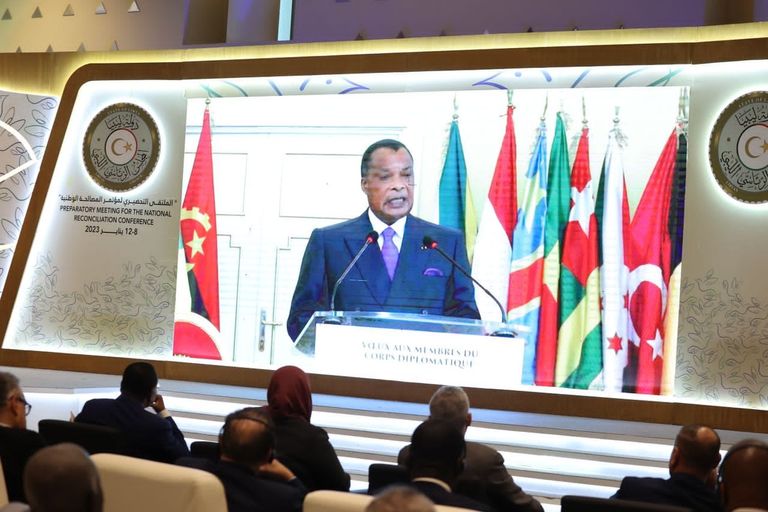 رئيس المجلس الرئاسي الليبي محمد المنفي خلال كلمته في المؤتمر