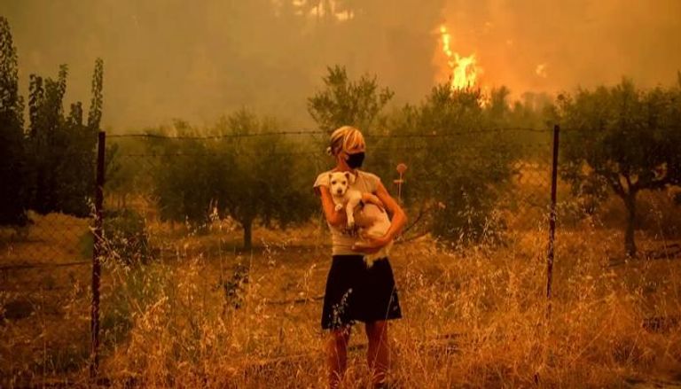 امرأة تحمل كلبا بينما يشتعل حريق في غابة خلفها