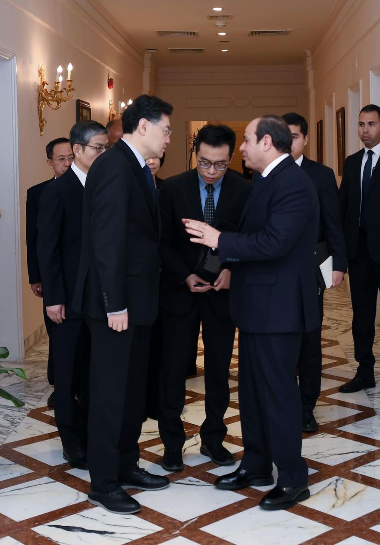 الرئيس المصري عبد الفتاح السيسي مع وزير الخارجية الصيني الرئيس السيسي خلال لقائه بوزير الخارجية الصيني