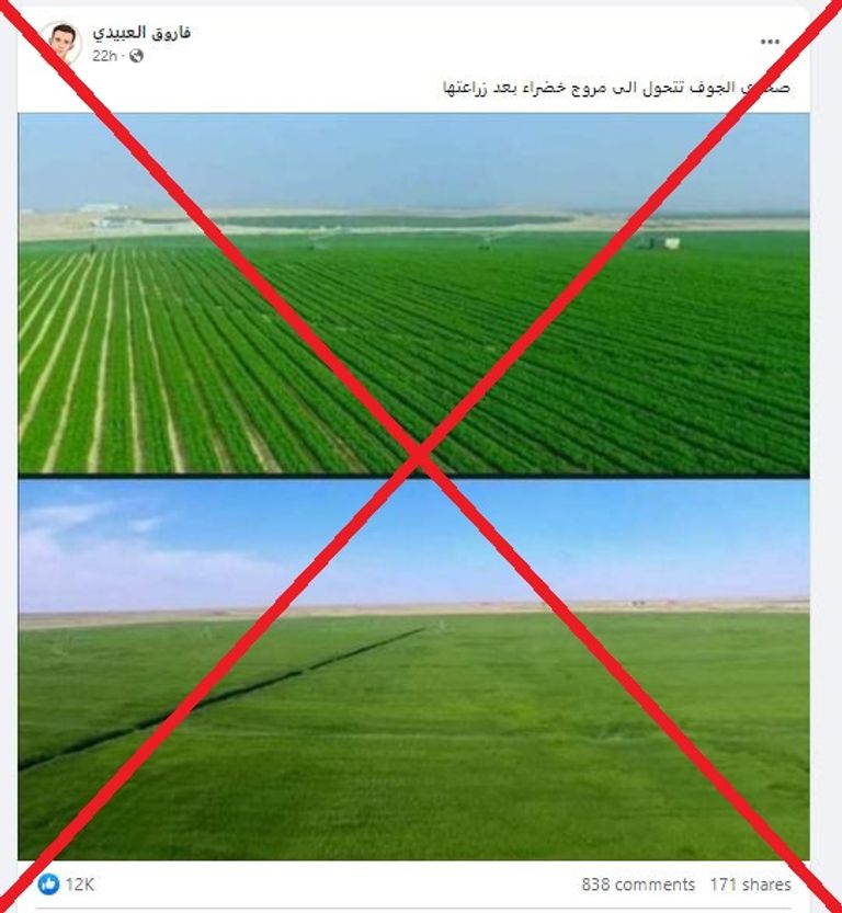 صورتان ادعى ناشروهما أنهما لصحراء الجوف في اليمن بعد زراعتها