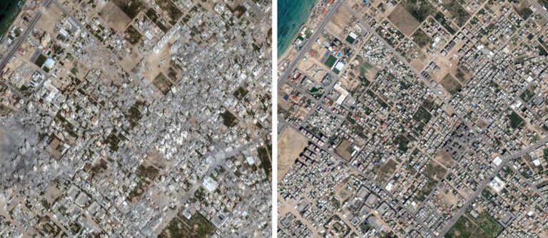 آثار القصف الذي أصاب أحد المنازل في خانيونس جنوبي قطاع غزة