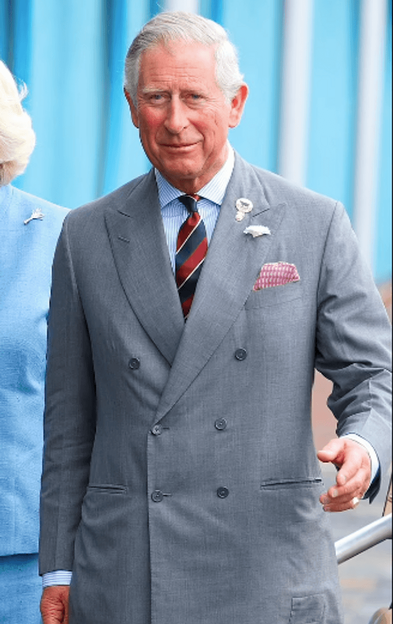 بعض التصليح يبدو في سترة الملك تشارلز بالأسفل ناحية اليمين ملك بريطانيا تشارلز الثالث