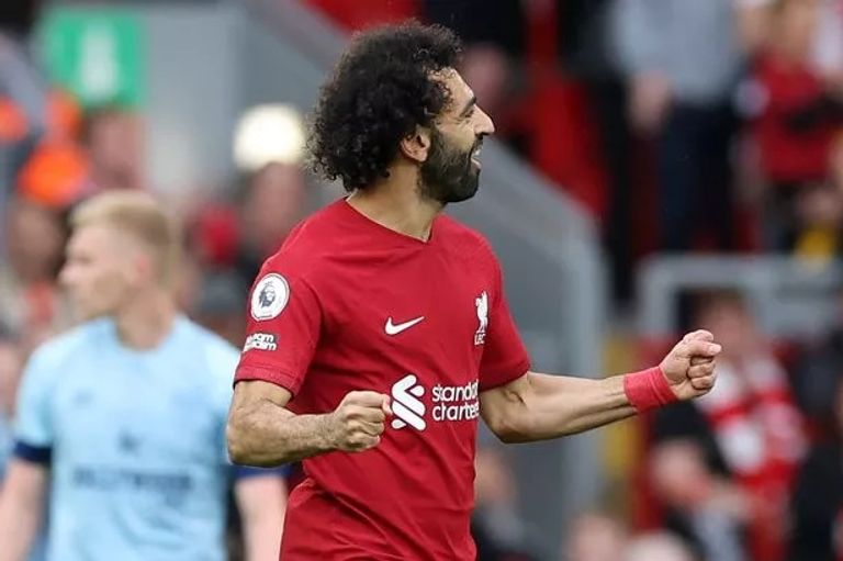 فرحة صلاح بهدفه الموسم الماضي ضد برينتفورد محمد صلاح ضد برينتفورد في الدوري الإنجليزي