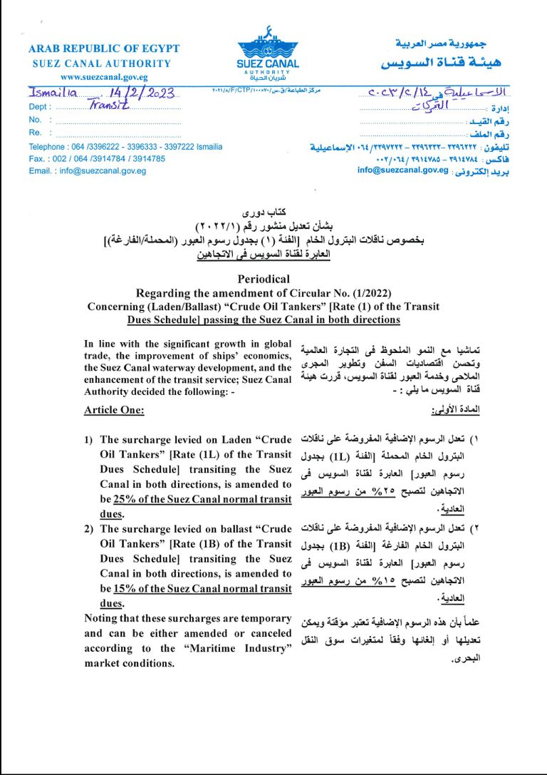 نص قرار هيئة قناة السويس بتعديل رسوم عبور ناقلات النفط