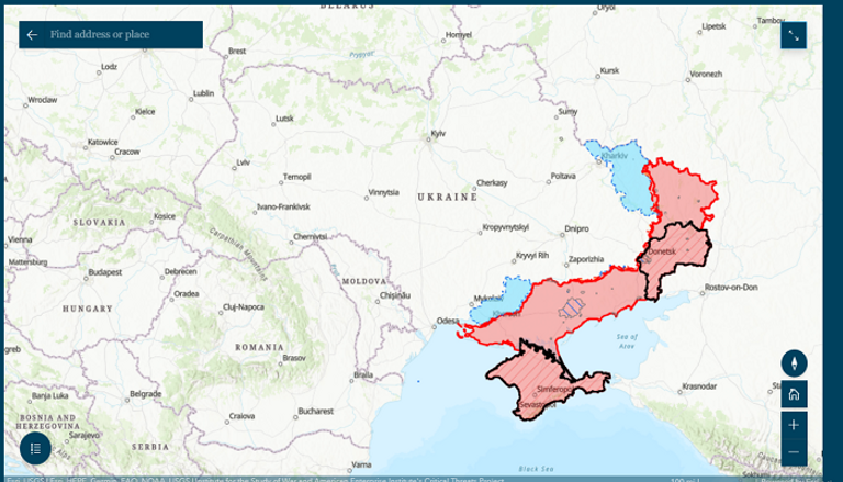 المناطق المظللة باللون الأحمر هي المناطق الخاضعة للسيطرة الروسية