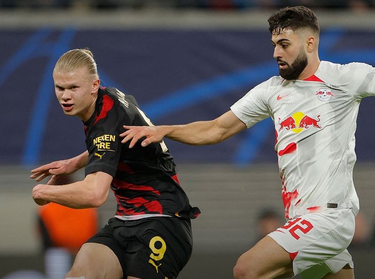 هالاند وجفارديول من مباراة لايبزيج ومانشستر سيتي رياض محرز نجم مانشستر سيتي