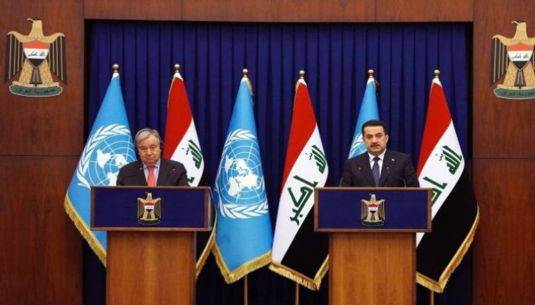 جانب من المؤتمر الصحفي بين الأمين العام للأمم المتحدة غوتيريش ورئيس حكومة العراق