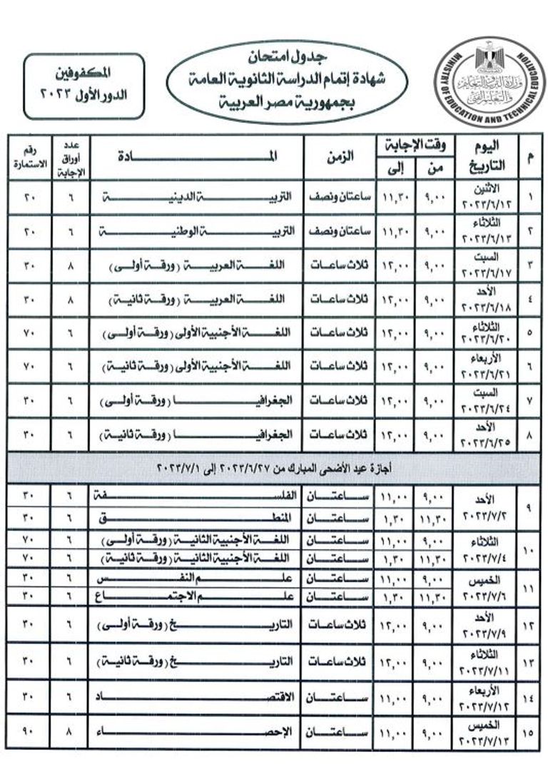 جدول امتحانات الثانوية العامة 2023 للمكفوفين جدول امتحانات الثانوية العامة 2023