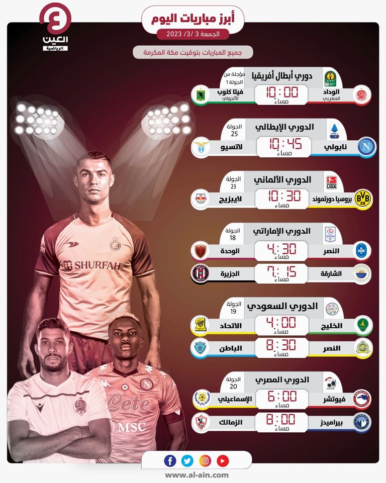مباريات اليوم كريستيانو رونالدو قائد النصر السعودي