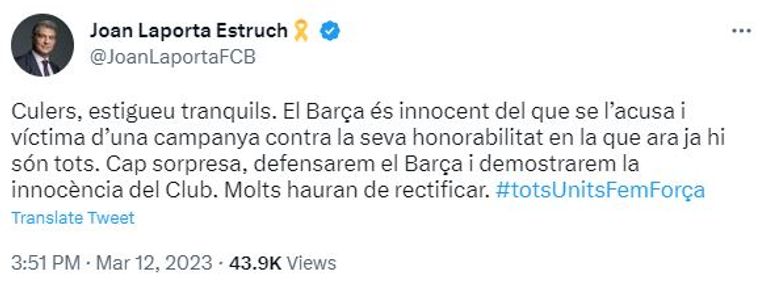 تغريدة لابورتا خوان لابورتا رئيس برشلونة