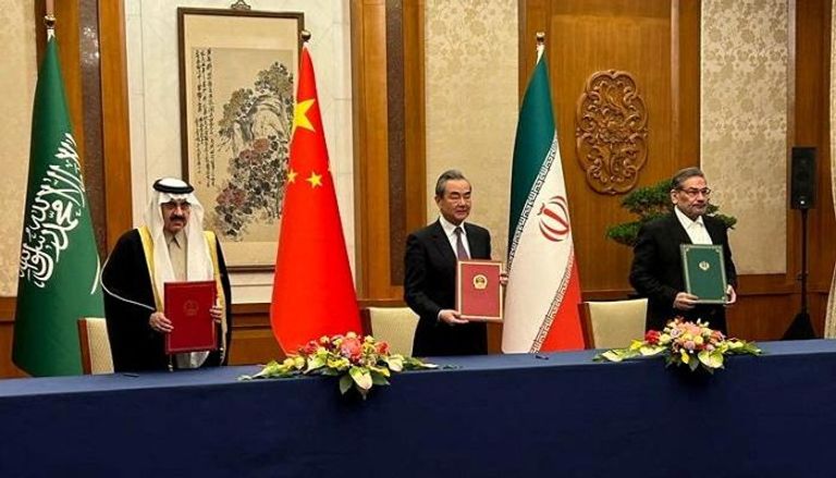 جانب من مراسم توقيع الاتفاق السعودي الإيراني في بكين