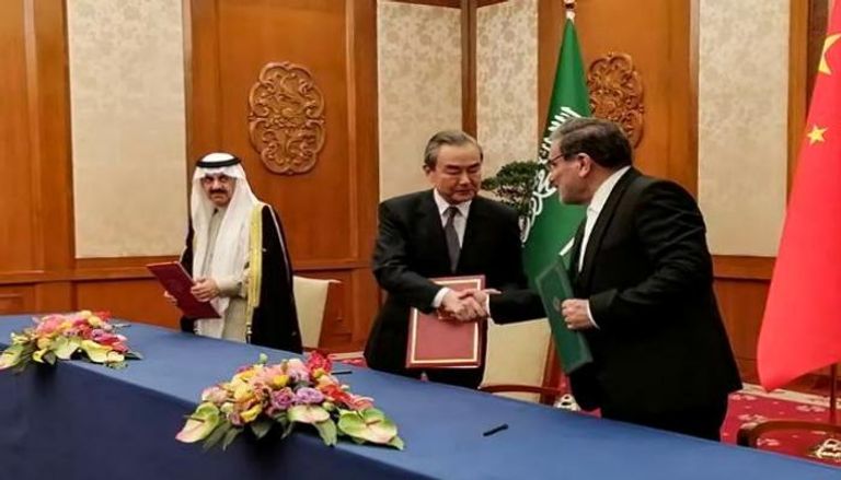 جانب من توقيع الاتفاق السعودي الإيراني في العاصمة بكين
