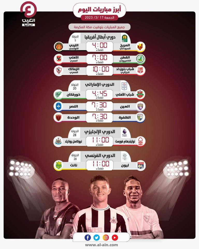 أبرز مباريات اليوم الجمعة فريق الأهلي المصري