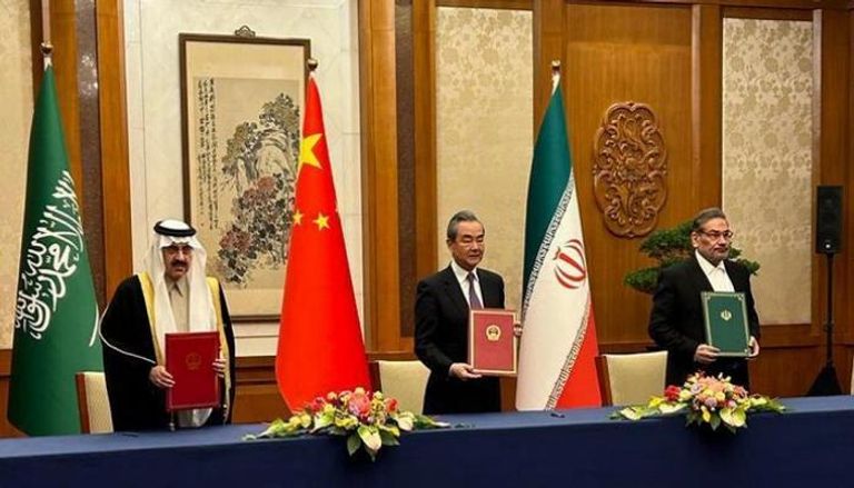جانب من توقيع الاتفاق السعودي الإيراني في العاصمة بكين