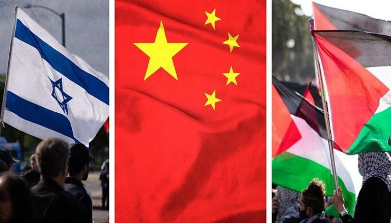 العلم الصيني يتوسط علمي فلسطين وإسرائيل