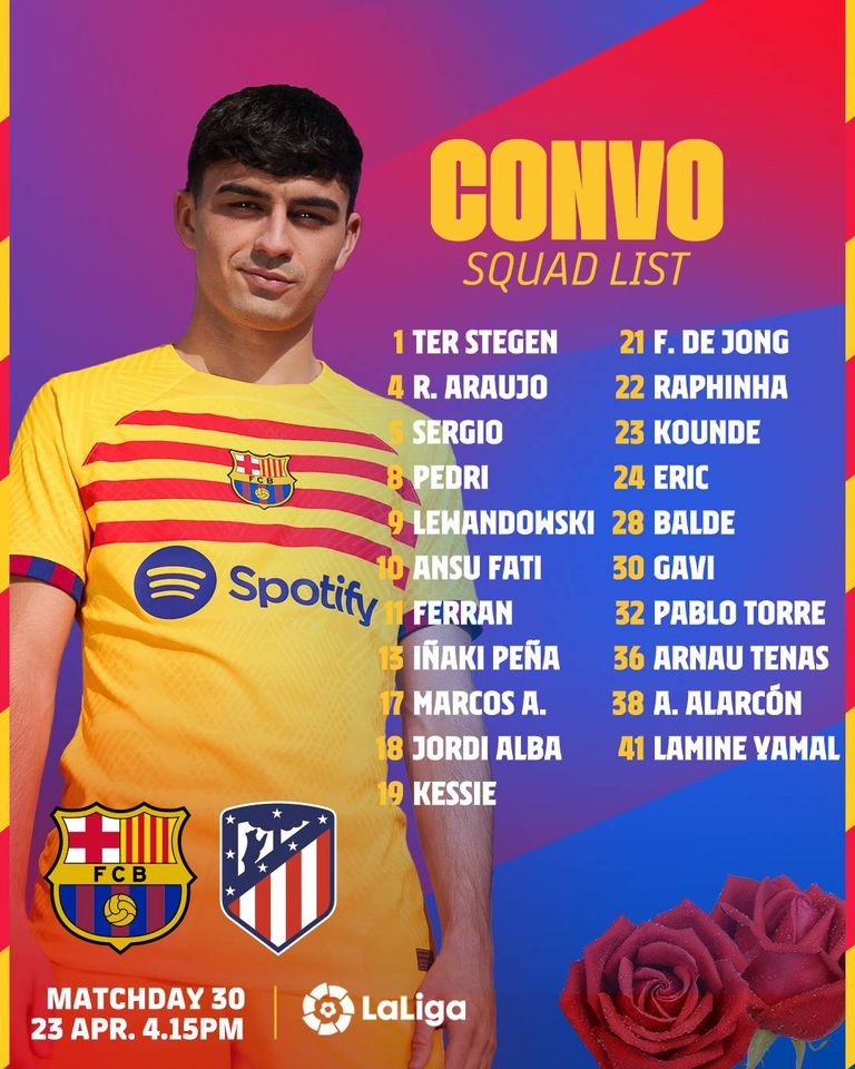 قائمة برشلونة لمباراة أتلتيكو مدريد لامين يامال بقميص برشلونة