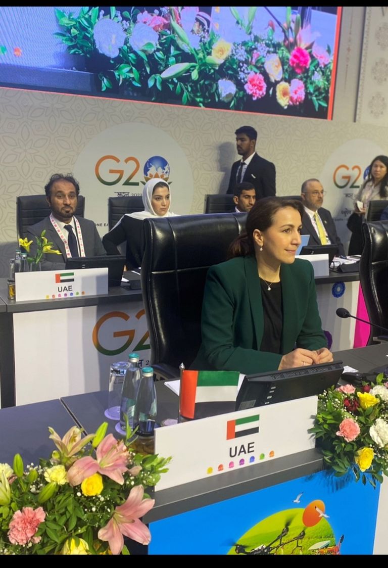 مريم المهيري خلال مشاركتها باجتماع وزراء الزراعة في مجموعة العشرين لعام 2023