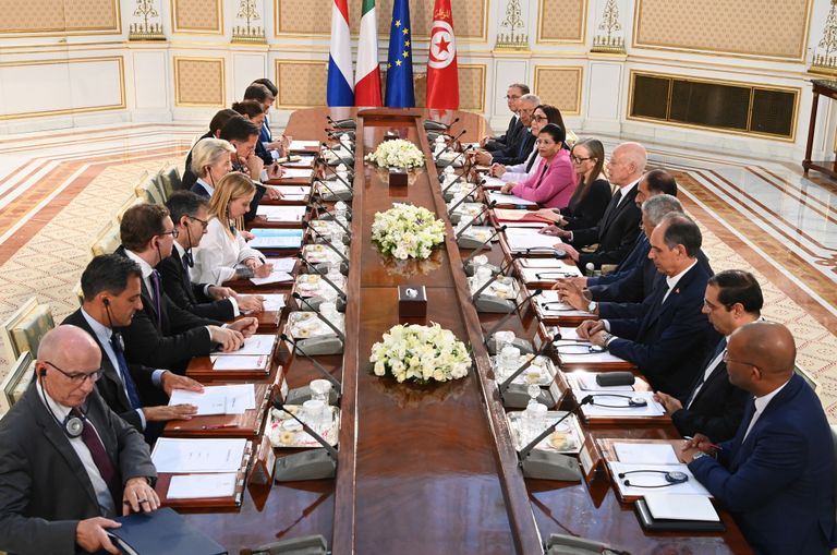 جانب من لقاء الرئيس التونسي والوفد الأوروبي