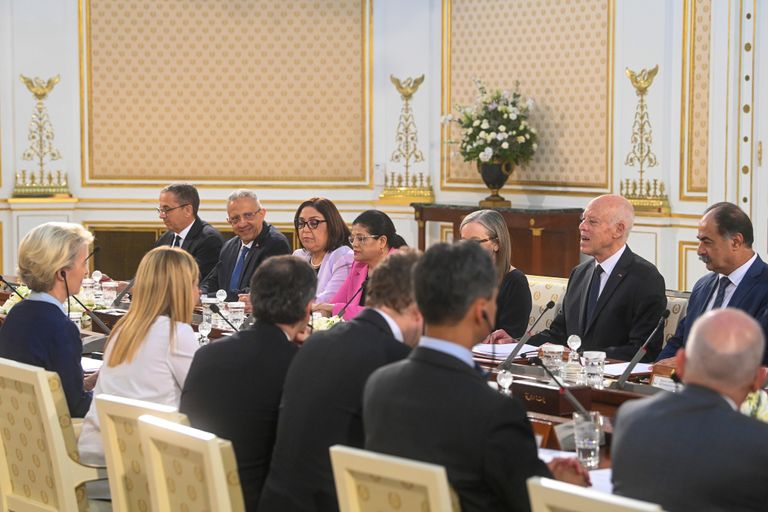 جانب من لقاء الرئيس التونسي والوفد الأوروبي