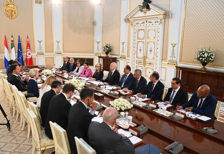 جانب من لقاء الرئيس التونسي والوفد الأوروبي