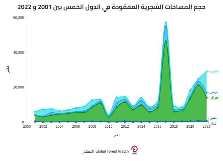 حجم المساحات الشجرية المفقودة في الدول الخمس بين 2001 و 2022  انهيار الغابات حول العالم