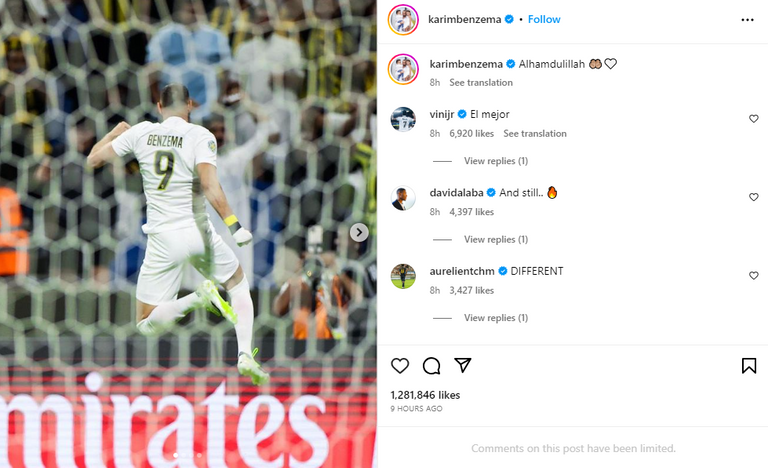 منشور بنزيما عبر إنستغرام كريم بنزيما