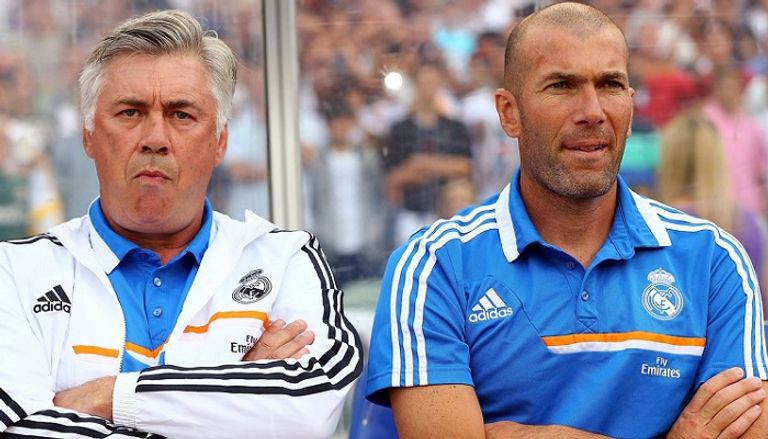 كارلو أنشيلوتي وزين الدين زيدان كارلو أنشيلوتي مدرب ريال مدريد الإسباني