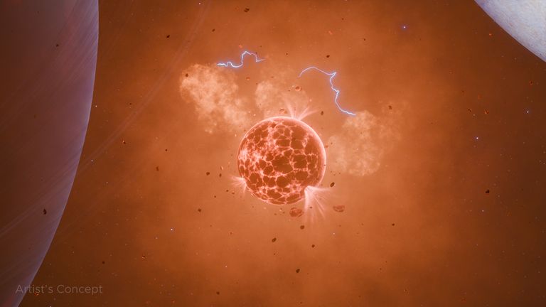 تشير دراسة جديدة أجرتها وكالة ناسا إلى أن سحابة الصوديوم التي شوهدت حول الكوكب الخارجي WASP-49 b ربما تكون ناتجة عن قمر بركاني تصور فني لقمر بركاني