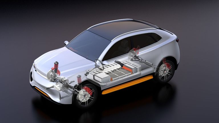 مجسم لسيارة كهربائية وبطارية الشحن