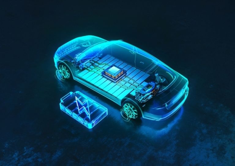 مجسم لسيارة كهربائية وبطارية الشحن