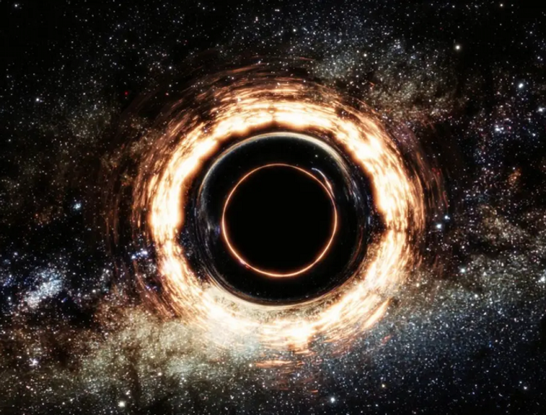 رسم ثلاثي الأبعاد لقرص تراكم يدور بسرعة ونفاثات ناتجة عن الثقب الأسود