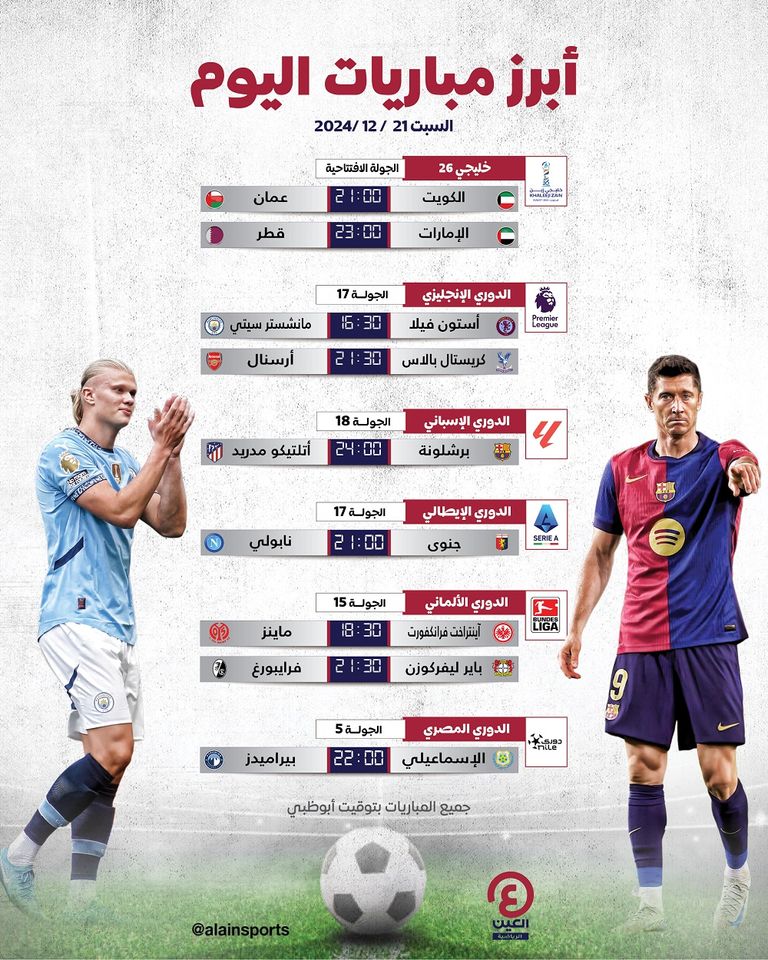  جدول مباريات اليوم السبت 21 ديسمبر 2024 والقنوات الناقلة