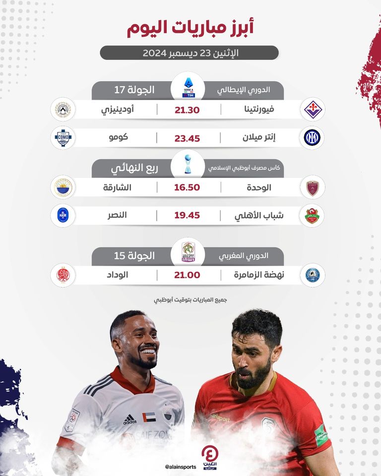 جدول مباريات اليوم الإثنين 23 ديسمبر 2024 والقنوات الناقلة