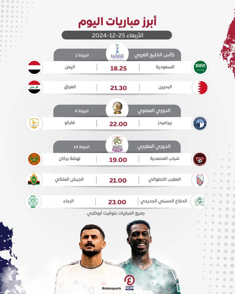 جدول مباريات اليوم الأربعاء 25 ديسمبر 2024 مباريات اليوم