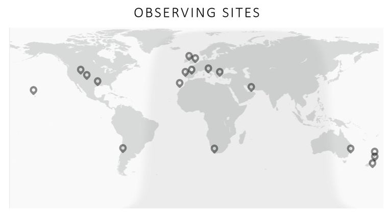خارطة تبين المراصد المشاركة في حملة رصد الكويكب. أرصاد مرصد الختم الفلكي في أبوظبي تدعم مهمة «لوسي»