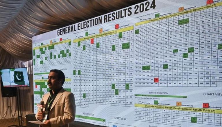 صحفي أمام شاشة يعرض نتائج انتخابات باكستان 