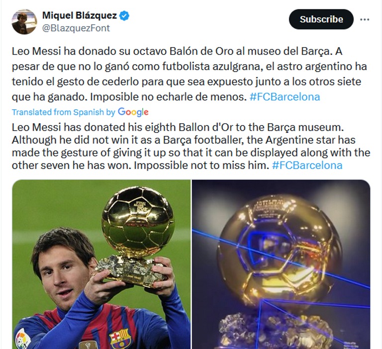 تغريدة صحفي برشلونة ليونيل ميسي يحمل الكرة الذهبية 2023