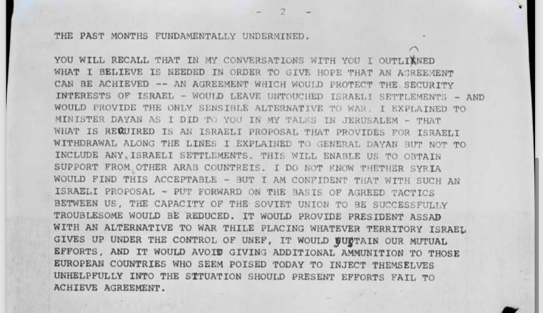 إحدى الوثائق وهي رسالة سرية من كيسنجر إلى غولدا مائير