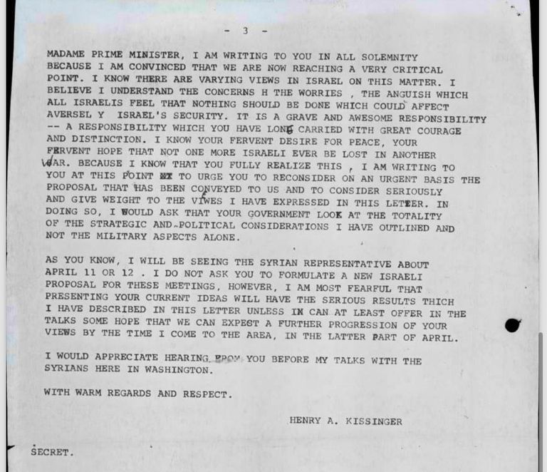 إحدى الوثائق وهي رسالة سرية من كيسنجر إلى غولدا مائير
