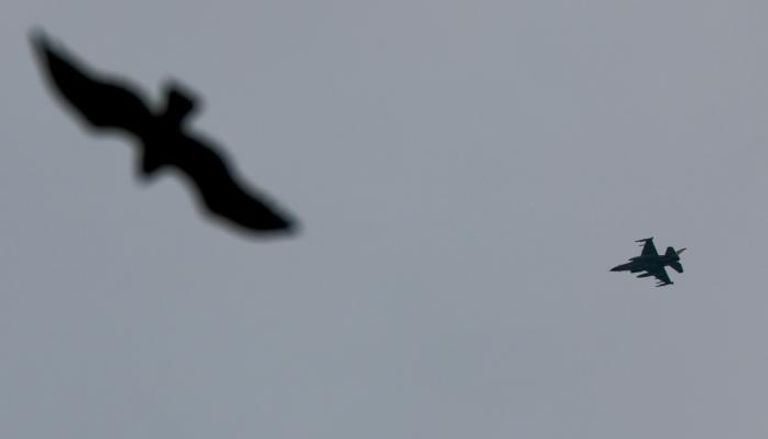 طائر يحلق في سماء غزة فيما تقطع مقاتلة إسرائيلية أجواء القطاع