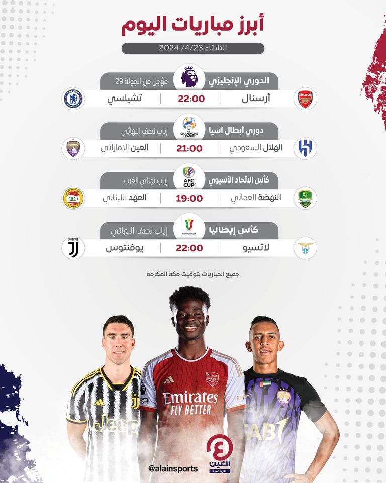 جدول مباريات اليوم الثلاثاء 23 أبريل 2024 والقنوات الناقلة