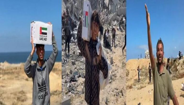 فلسطينيون يحملون المساعدات الإماراتية في غزة