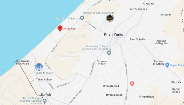 خريطة توضح موقع منطقة المواصي