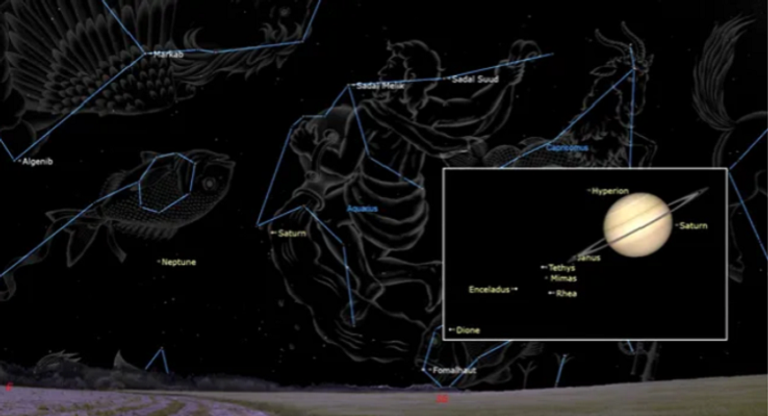 رسم توضيحي لكوكب زحل كما سيظهر في سماء الليل هذا الأسبوع كوكب زحل في ألمع حالاته هذا الأسبوع