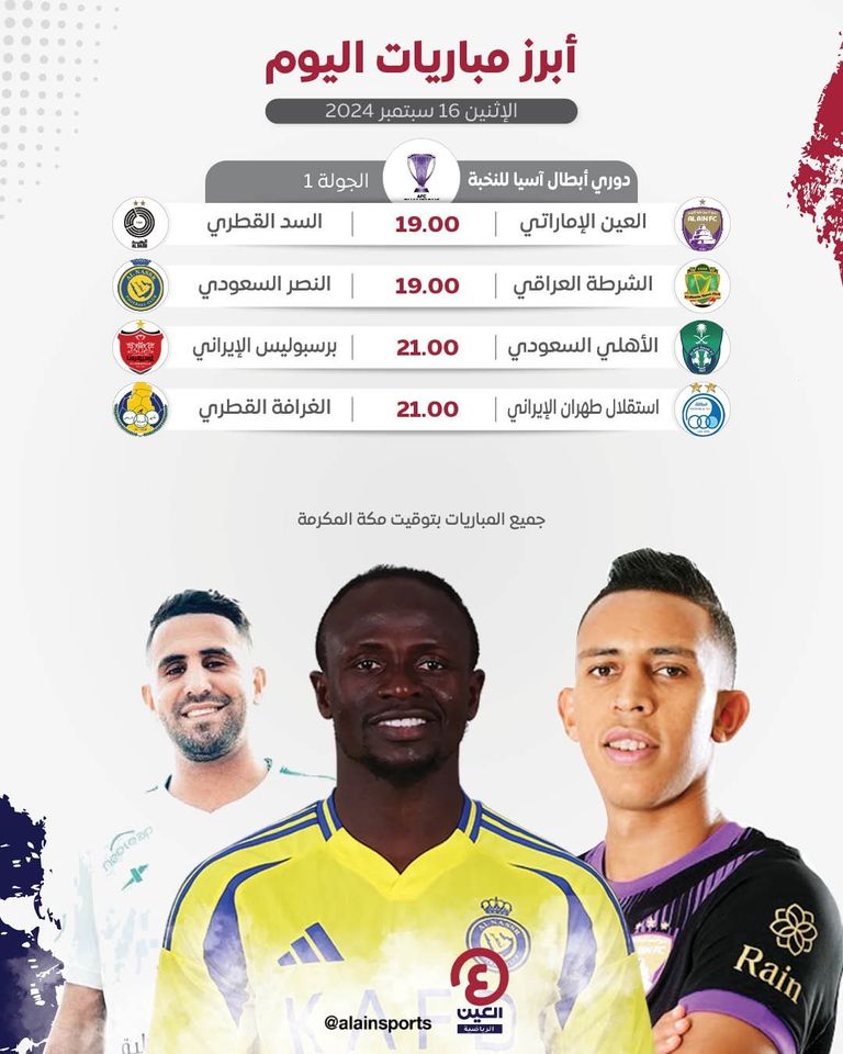 جدول مباريات اليوم الإثنين 16 سبتمبر 2024 مباريات اليوم